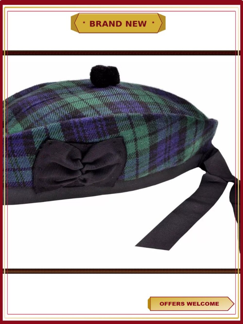 Wool Glengarry Scottish Piper Kilt Hat Black Watch Tartan